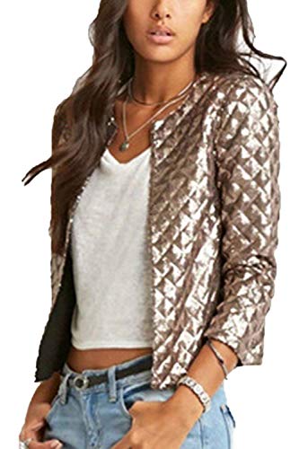 Chaqueta Mujer Primavera Otoño Moda Lentejuelas Espumoso Mode De Marca Corto Abrigos Elegantes Cuello Redondo Manga Larga Slim Fit Cazadoras Outwear Prendas Exteriores (Color : Oro, Size : L)