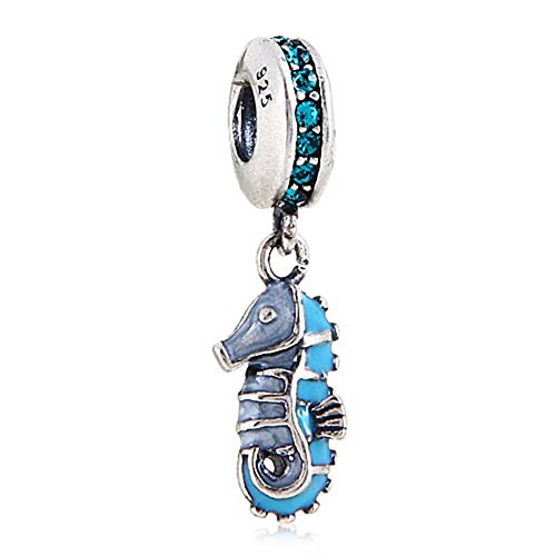 Colgante de caballito de mar tropical con circonita azul de cristal austriaco de plata de ley 925 para pulsera de estilo europeo