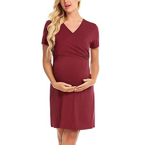 Damas de Maternidad camisón Vestido de Maternidad del Embarazo Aún Camisa de Dormir Corta Escote V Manga Corta con la Mirada de Abrigo para el Verano,Rojo,L