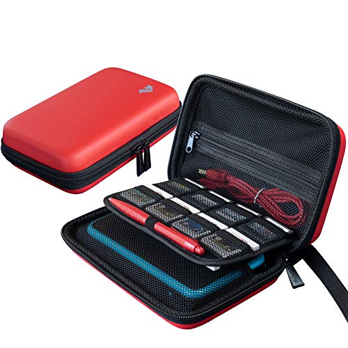 Funda de Transporte para Nintendo 2DS XL/3DS XL + lápiz Capacitivo Grande y Cable de Carga, 16 Soportes para Cartuchos, Color Rojo
