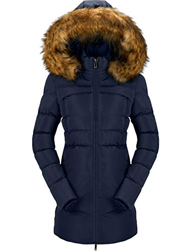 GEMYSE Mujer Abrigo de Invierno Acolchado Parka Chaqueta de edredón Larga con Capucha de Piel (Azul Marino,XXL)