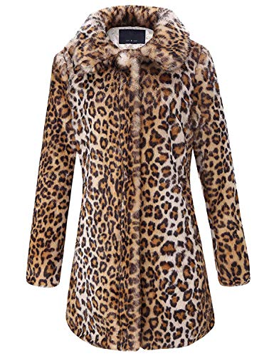 Geschallino Chaqueta Larga Piel Sintética Estampado de Leopardo de con Manga Larga Parka para Invierno Cálida y Peluda con 2 Bolsillos, Beige, L