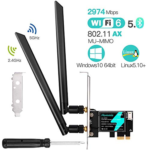 Hommie Tarjeta de Red WiFi, WiFi-6 Wireless Dual Band 2974Mbps (5G-2400Mbps+2.4G-574Mbps) Tarjeta WiFi PCIe 802.11 Bluetooth 5.0, Tarjeta de Red con 2x6DB Antenas, para Windows10,Linux5.1+,Chrome OS