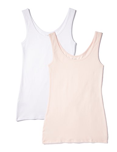 IRIS & LILLY Camiseta de Tirantes de Algodón para Mujer, Pack de 2, 1 x Blanco & 1 x Rosa Claro, Medium