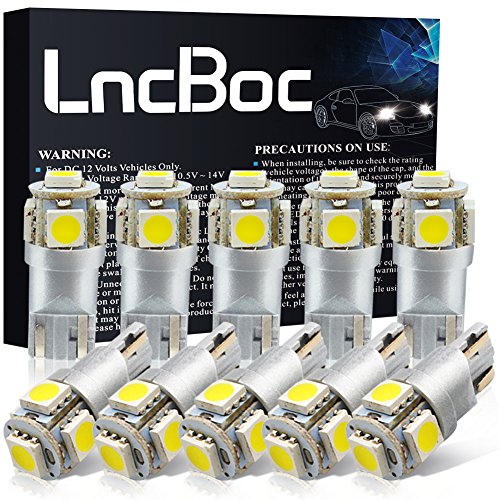 LncBoc Bombillas LED T10 W5W LED Coche 5SMD 5050LED 501 2825 175 192 168 194 Wedge Lampara para coches 6500K Xenón Blanco de interior y exterior 12V Paquete de 10