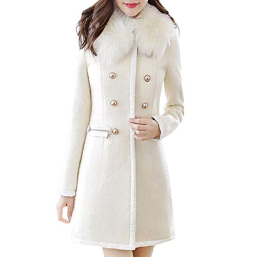 Mujeres Abrigo de Lana Chaqueta Invierno Otoño Largos Slim Color Puro Manga Larga Talla Grande con Bolsillos Luckycat (Blanco, Medio)