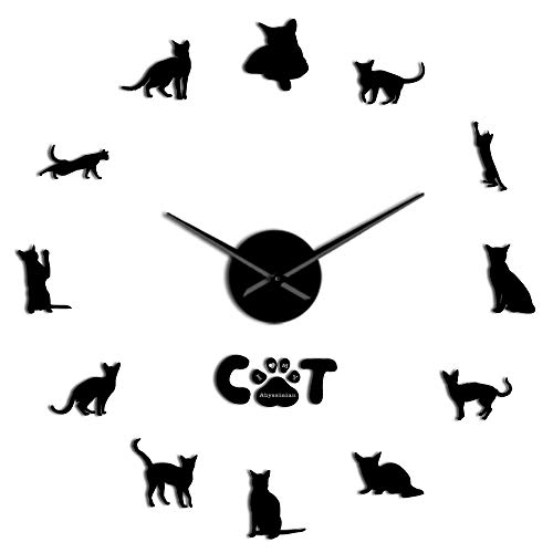 RelaxLife Relojes De Pared Moderno Abisinio Gato Perfil Animales 3D DIY Reloj De Pared Gatito Gatito Raza Cuarzo Acrílico Espejo Pegatina Reloj De Manos Largas Reloj