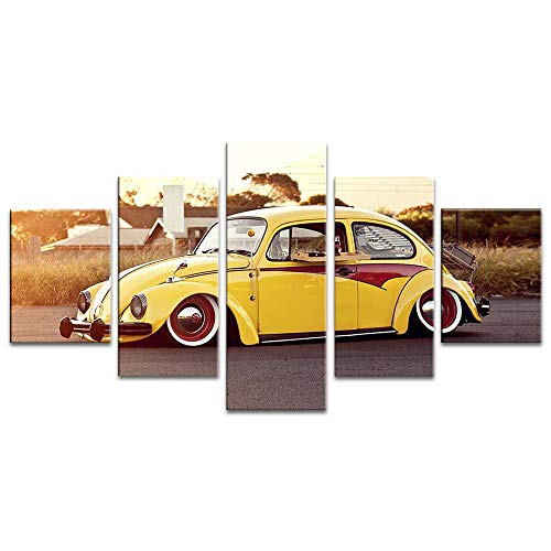 YANGMAN-ART 5 Panel de Pared del Arte clásico de la Lona Amarilla Volkswagen VW Escarabajo Impresiones Imagen enmarcada con Listo para Colgar,4x6in*2+4x8in*2+4x10in*1