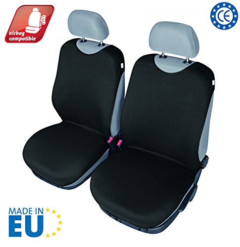 4CARS Cubierta del asiento de la camiseta universal, Juego de 2 piezas para asientos delanteros, Airbag lateral compatible (negro)