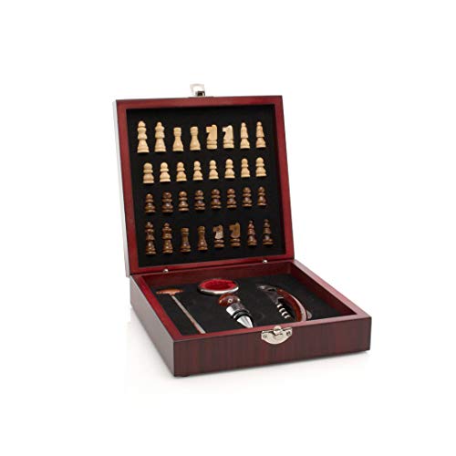 7laser Caja de Accesorios para Vino con Tablero de ajedrez Figuras Incluidas. Incluye sacacorchos con cortacápsulas y abridor, tapón, recogegotas y termómetro 7laser Caja de Accesorios para Vino con Tablero de ajedrez Figuras Incluidas. Incluye sacacorchos con cortacápsulas y abridor, tapón, recogegotas y termómetro