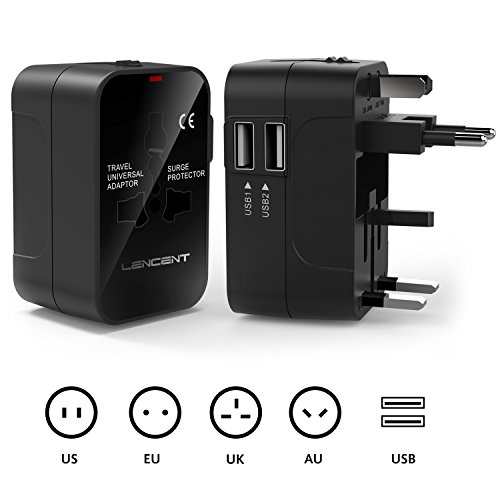 Adaptador de Viaje Universal, LENCENT Enchufe Adaptador Internacional inglés/eeuu/EU/AUS con 2 Puertos USB para más de 150 Países para Ordenadores Portátiles, Teléfonos, Tabletas, Cámara y más.