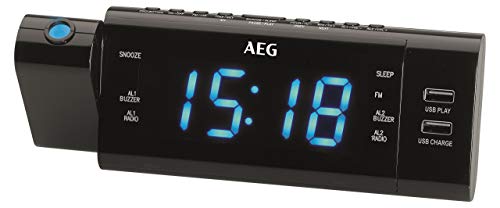 AEG MRC 4159 P - Radio Reloj con proyección, Pantalla LED, 2 conectors USB, 2 Niveles de Intensidad, Color Negro