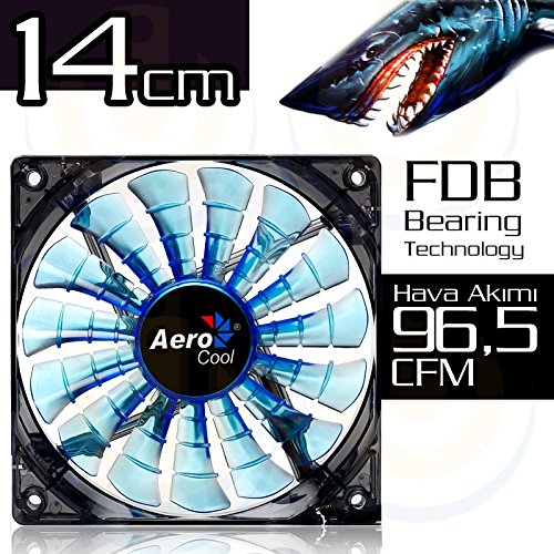 Aerocool SHARK - Ventilador gaming para PC (14 cm, 12V/7V, 15 aspas, 14.5 dBA, 1500rpm, iluminación LED azul, ultrasilencioso, antivibración, cables enmallados), color azul