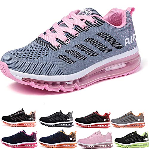 Air Zapatillas de Running para Hombre Mujer Zapatos para Correr y Asfalto Aire Libre y Deportes Calzado Unisexo Gray Pink 36