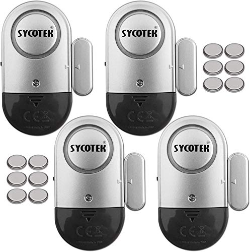 Alarma de Puerta y Ventana, SYCOTEK Sistema de Alarma con Sensor de Movimiento, Negro y Plata, 4 en 1