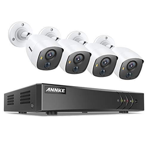 ANNKE Kit de Seguridad 8CH DVR 3MP 5-en-1 H.265+ y 4 Cámaras de vigilancia CCTV 1080P IP66 PIR Detección Alarma de luz Intermitente Acceso Remoto-sin HDD