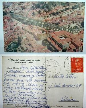 Antigua postal publicidad. Old advertising post card - IBERIA - Lineas aereas de España. SEGOVIA - Acueducto Romano