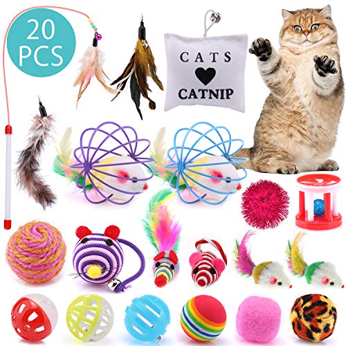 ASANMU Juguete Interactivo para Gatos, 20 Piezas Juguetes para Gatos Ratón y Bolas Varias con Campanas y Plumas, Cabezas de Repuesto Catnip Ball Juguete Gatos Raton Mascota Gato Juguetes Gatito