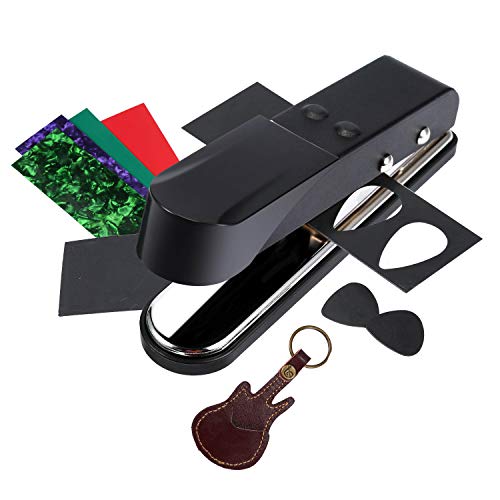 Asmuse Plectrum Pick Punch Maker Cortador Perforadora de Púa de Guitarra para Bajo Eléctrica Accesorios de DIY Herramientas con Cuero Tiras de Celuloide Premium y Papel de Lija de Plectro