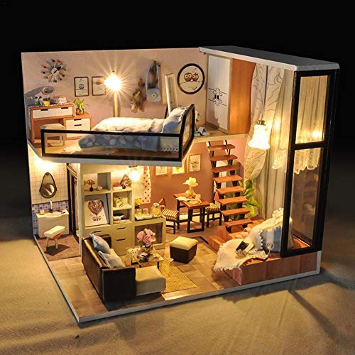 Casas de muñecas de Acogedor loft de dos pisos con luces LED，Dreamhouse & Juguete de montaje de bricolaje，24.520.519.5cm
