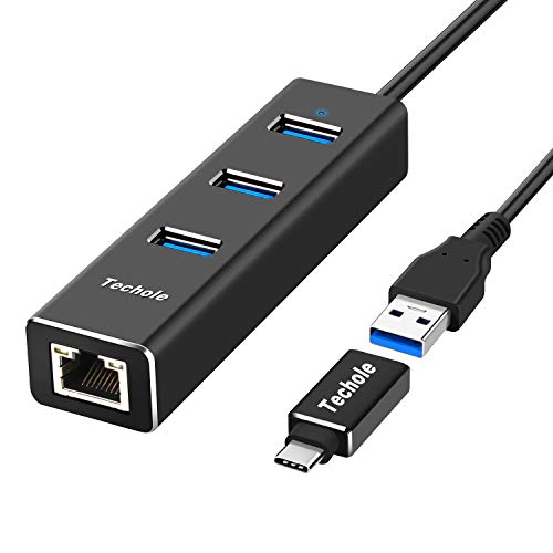 HUB USB 3.0, Techole Aluminio USB Hub Ethernet Adaptador 10/100/1000 Mbps Gigabit Ethernet, 3 USB 3.0 Puertos con Tarjeta Red LAN RJ45 y Adaptador USB C para Mac, Chromebook, Windows 10/8/7/XP, Linux