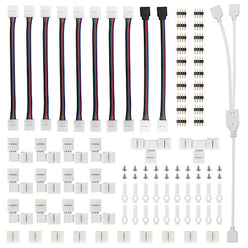 Kit de conector de tira de LED para 5050 10 mm 4 pines, incluye 8 tipos de accesorios de tira de LED sin soldadura, proporciona la mayoría de las piezas para bricolaje