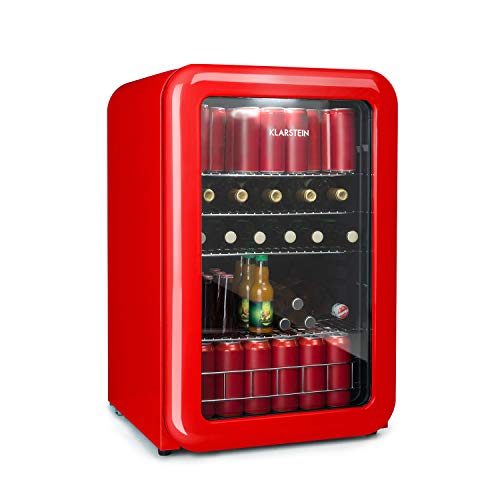 KLARSTEIN Poplife Nevera de Bebidas - A+ 115 litros, 0-10°C, Puerta con Doble acristalado, Iluminación LED, Solo 39 dB, Nevera Retro, Mininevera, Rojo [Eficiencia Energética Clase A+]