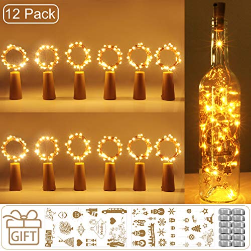 luz de Botella, Kolpop luz Corcho, luces led para Botellas de Vino 2m 20 LED a Pilas Decorativas Cobre Luz para Romántico Boda, Navidad, Fiesta, Hogar, Exterior, Jardín,Blanco Cálido(12 Pack）