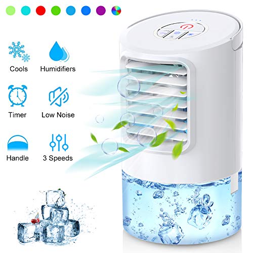 Mini Enfriador de Aire, Mini Acondicionador de Aire Móvil, 4 en 1 Enfriador de Aire con Función de Humidificación, 2 Temporizadores/3 Niveles de Potencia/7 Colores Luz, Perfecto para Trabajo y Hogar Mini Enfriador de Aire, Mini Acondicionador de Aire Móvil, 4 en 1 Enfriador de Aire con Función de Humidificación, 2 Temporizadores/3 Niveles de Potencia/7 Colores Luz, Perfecto para Trabajo y Hogar