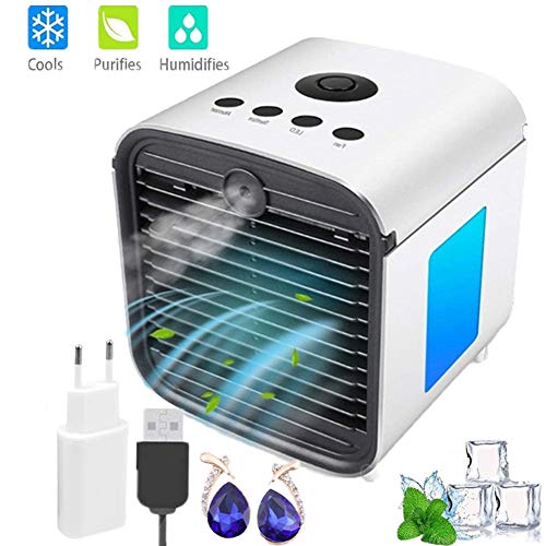 Nifogo Aire Acondicionado móvi portátil Ventilador Pequeño, Air Cooler Enfriador de Air Personal y portátil, 7 Luces LED, 3 Velocidades, para el hogar/Oficina/habitación (Blanco)