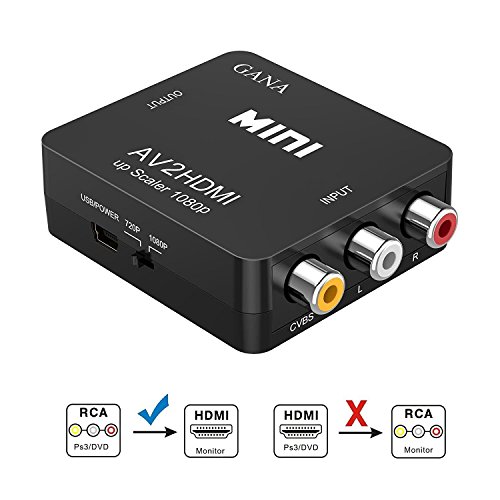 RCA a HDMI, GANA AV a HDMI Convertidor de Video Soporte 1080P con Cable de Alimentación USB para PC/Laptop/Xbox / PS4 / PS3 / TV/STB/VCR Cámara DVD -Negro