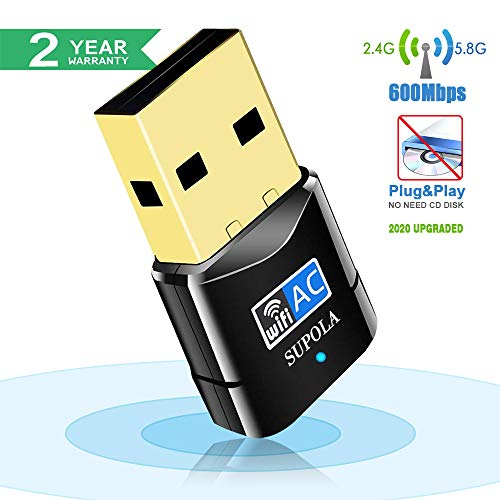 SUPOLA USB WiFi Adaptador, WiFi Antena 600Mbps Mini USB WiFi Dual Band 2.4G/5G, Receptor WiFi para PC Laptop Desktop,WiFi Dongle Soporte Windows10/8/7,MacOSX10.6-10.14, No se Necesita CD