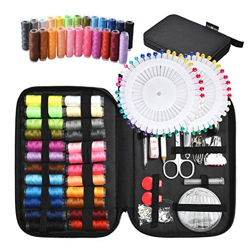 Tuxwang Kit de costura con 130 piezas Accesorios de costura premium con funda de transporte, 24 carretes de hilo - 1 paquete de agujas de coser (cuenta 30) Kit de costura de viaje