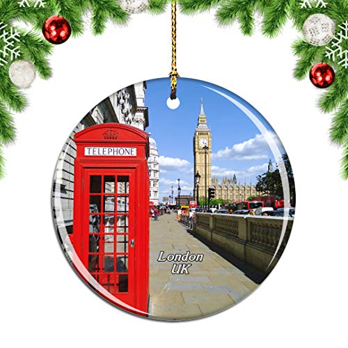 Weekino Reino Unido Inglaterra Cabina telefónica roja Londres Decoración de Navidad Árbol de Navidad Adorno Colgante Ciudad Viaje Colección de Recuerdos Porcelana 2.85 Pulgadas