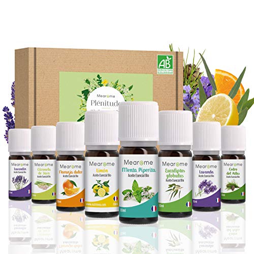 Aceites Esenciales para Humificador, Aromaterapia, 100% Naturales, Bio, Set de Aceites Esenciales, Menta, Lavanda, Eucalipto, Cedro de Atlas, Citronela, Naranja, Limón, Fabricado Francia, Mearome