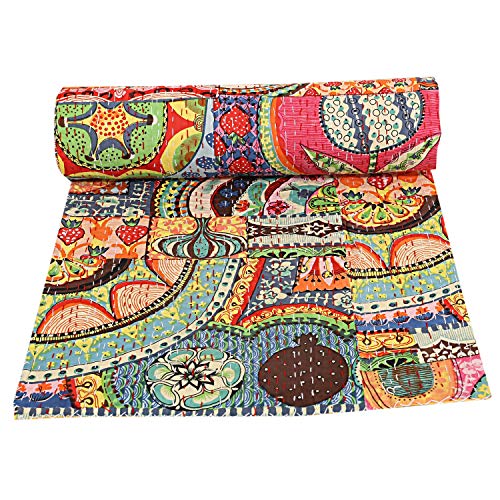 Colcha de algodón Kantha de parche indio, manta para cama de matrimonio (multifloral), colcha bohemia, colcha bohemia, colcha kantha hecha a mano, edredón kantha