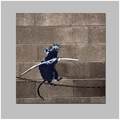 Imprimir en lienzo Graffiti Mouse Walking on Iron Chain Realistic Wall Painting Art Wall Picture para la decoración de la sala de estar 50x50 cm / 19.7"x 19.7" Sin marco