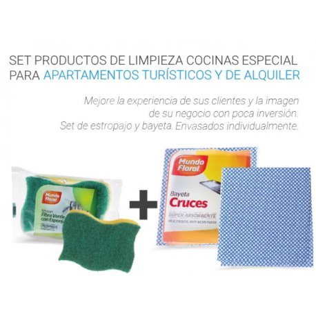 Set de productos de limpieza especial para apartamentos y pisos turísticos. 28 estropajos y 28 bayetas para incluir como amenities y mejorar experiencia de cliente