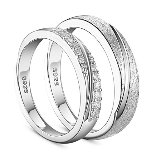 SHEGRACE Par de Anillos de Pareja en Plata de Ley 925 con Grabado Esmerilado y Anillos de Compromiso de Circonio 3A, Ajustables, Regalo para Amantes