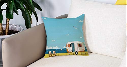 Square Soft and Cozy Pillow Covers,Decoración junto al mar, Ilustración de verano Caravana Costa costa Nubes Gaviotas Escenografía,Funda para Decorar Sofá Dormitorio Decoración Funda de almohada.