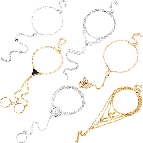 6 Piezas Pulsera y anillo de esclavos Pulsera de arnés de mano Pulsera con diamantes de imitación con brillo Pulsera de eslabones de eslabones de cadena de esclavos para regalos de mujeres y niñas