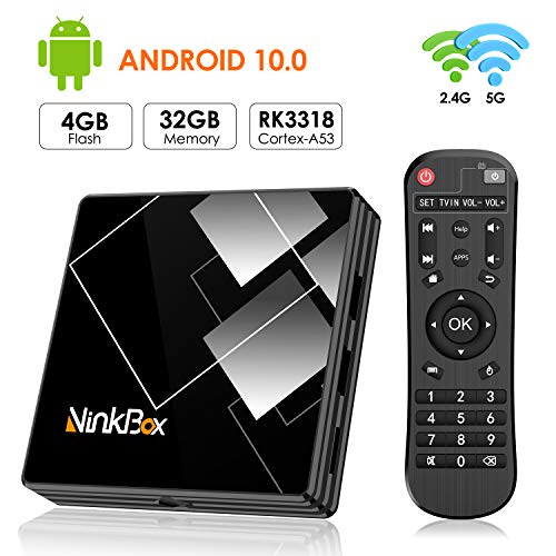 Android TV Box 10.0, NinkBox Smart TV Box 【4GB +32GB】 TV Box Android de RK3318 Quad-Core 64bit Cortex-A53, con Bluetooth 4.0, WiFi 2.4G/5G, 3D Ultra HD 4K, USB 3.0, BT 4.0 Android TV Box 10.0, NinkBox Smart TV Box 【4GB +32GB】 TV Box Android de RK3318 Quad-Core 64bit Cortex-A53, con Bluetooth 4.0, WiFi 2.4G/5G, 3D Ultra HD 4K, USB 3.0, BT 4.0