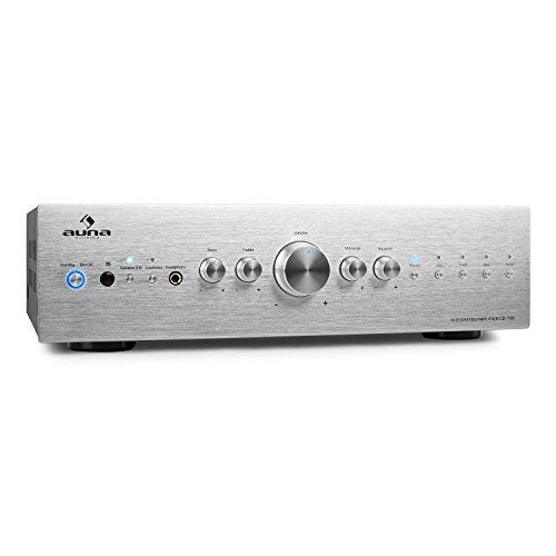 AUNA CD708 - Amplificador estéreo HiFi, Amplificador de Audio, Potencia máx. 600 W, Terminales de Abrazadera, 5 entradas de línea RCA, Ecualizador de 3 Bandas, Plateado