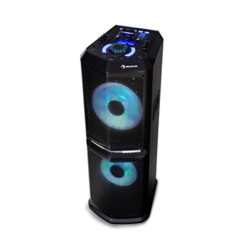 auna Clubmaster 8000 Equipo de Audio para Fiestas - Altavoz , Bluetooth , hasta 120 W de Potencia , 2 Subwoofer de 10" , Sintonizador de Radio FM , USB , Iluminación LED , Mando a Distancia , Negro