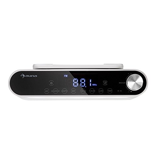 auna KR-130 Radio de Cocina Bluetooth - Instalación bajo Mueble, Función Manos Libres, Radio FM, 40 emisoras, Alarma Dual programable, Autoapagado, Altavoces estéreo, Control táctil, Blanco