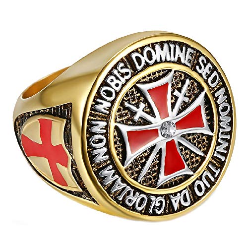 BOBIJOO JEWELRY - Anillo Sortija De Sello De La Orden, Los Caballeros Templarios, El Hombre Dorado De Oro De La Cruz Roja De Acero Inoxidable - 24 (11 US), Dorado - Acero Inoxidable 316