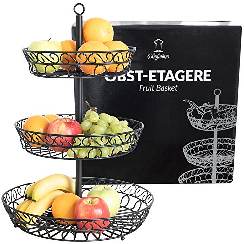 Chefarone frutero de 3 pisos - Cesta de frutas metálica para mostrador y organizador cocina – Fruteros de cocina negro estilo vintage – Para verduras y frutas frescas - Soporte de frutas con cuencos