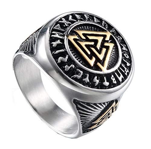 HIJONES Valknut Nórdico Vikingo Odin Anillo de Símbolo para Hombre Acero Inoxidable Guerrero Motorista Plata Tamaño 27