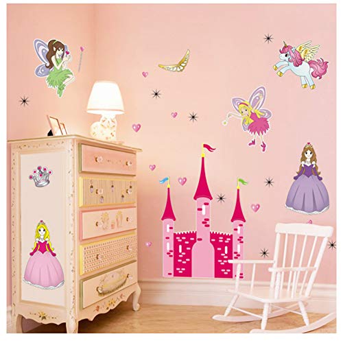 JLZK Niños de dibujos animados habitación de guardería para bebés dormitorio amueblado junto a la cama pegatinas de dibujos animados ángel castillo pegatinas de pared