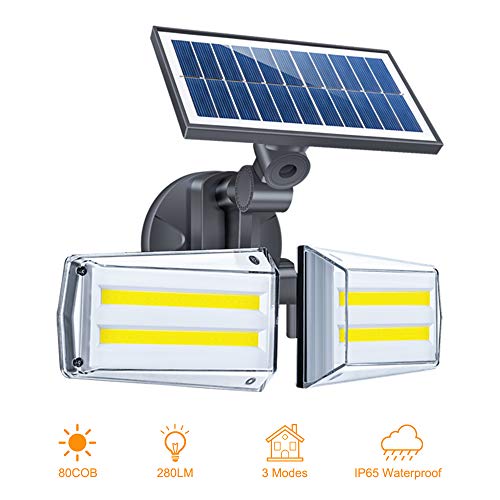 Luz Solar Exterior Foco 80 LED con Sensor de Movimiento 80 LED Impermeable IP65 Gran Ángulo 270º de Iluminación 3 Modos Inteligentes para Entrada Garaje, Patio, Jardín Decorativa